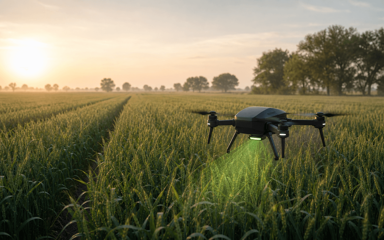 ARIX concept drone scanning a wheat field at golden hour